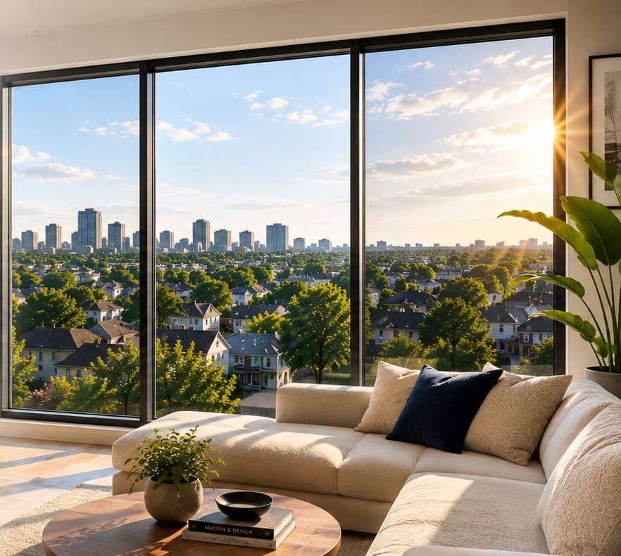 Salon avec fenêtres panoramiques et pellicule solaire, vue sur Montréal au coucher du soleil