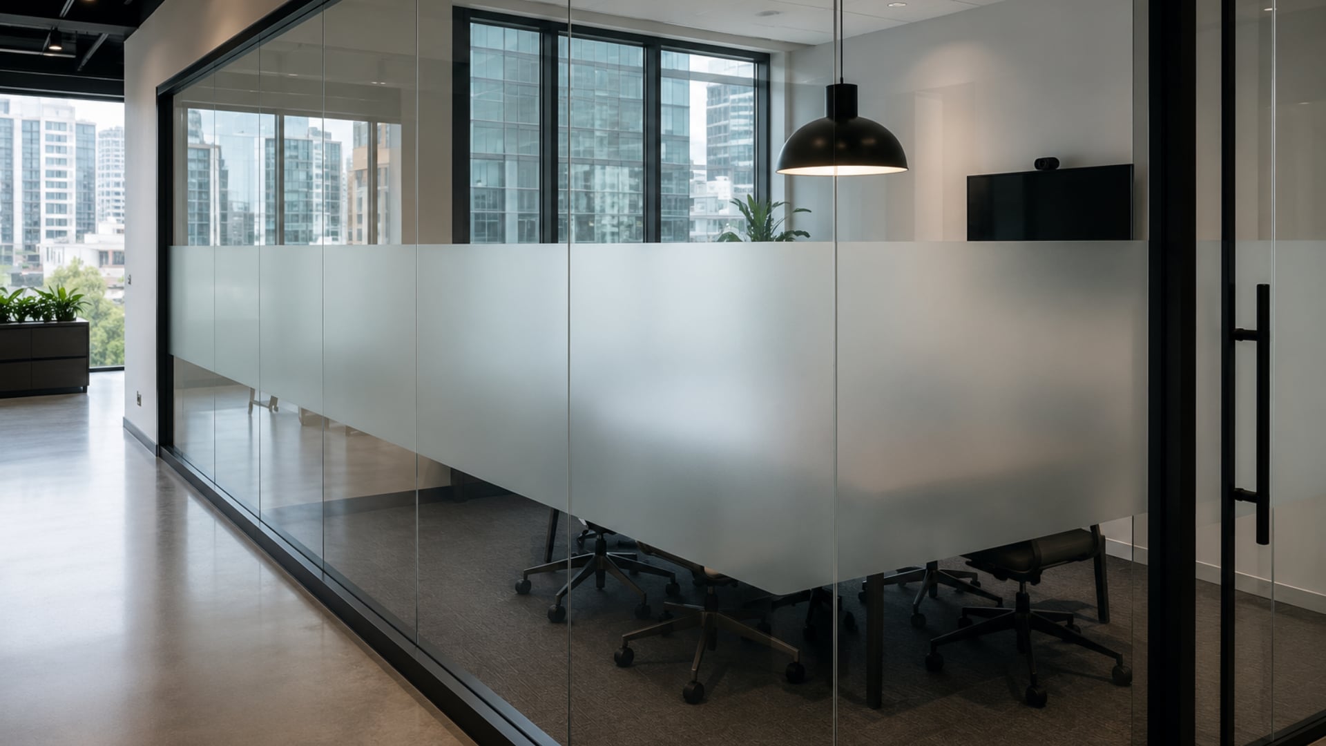 Cloison de bureau avec pellicule décorative givrée en bande, Montréal