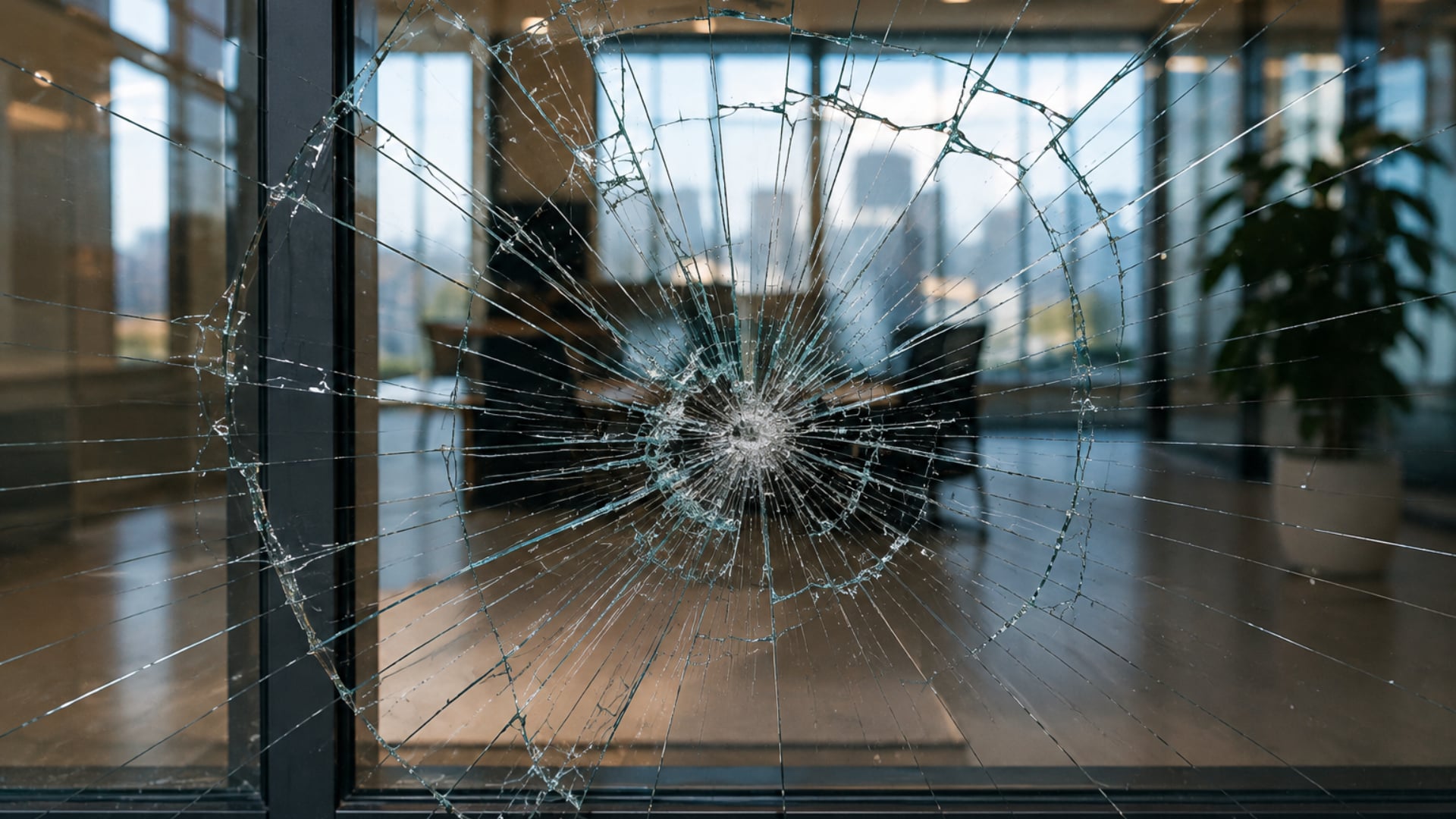 Vitrage fissuré par un impact mais maintenu en place par la pellicule de sécurité, Montréal