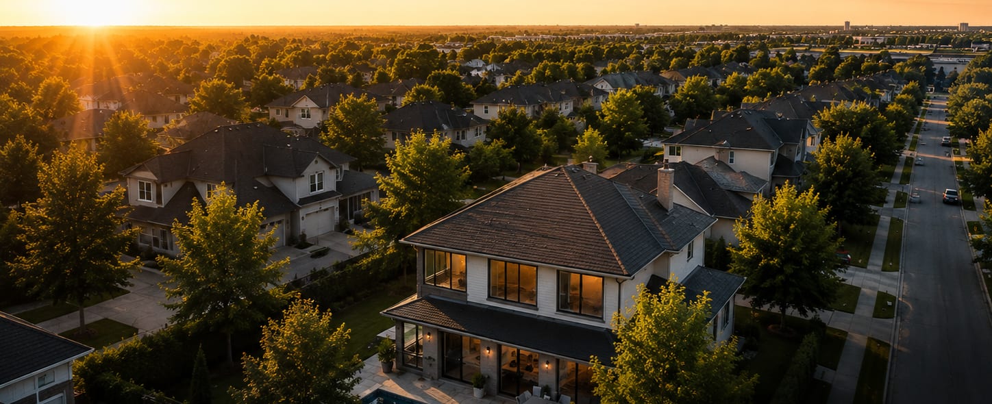Quartier résidentiel du Grand Montréal au coucher du soleil